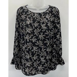 Talbots Keyhole Flowy Tunic Top Women's LP Petite Black Tan Floral Long Sleeve